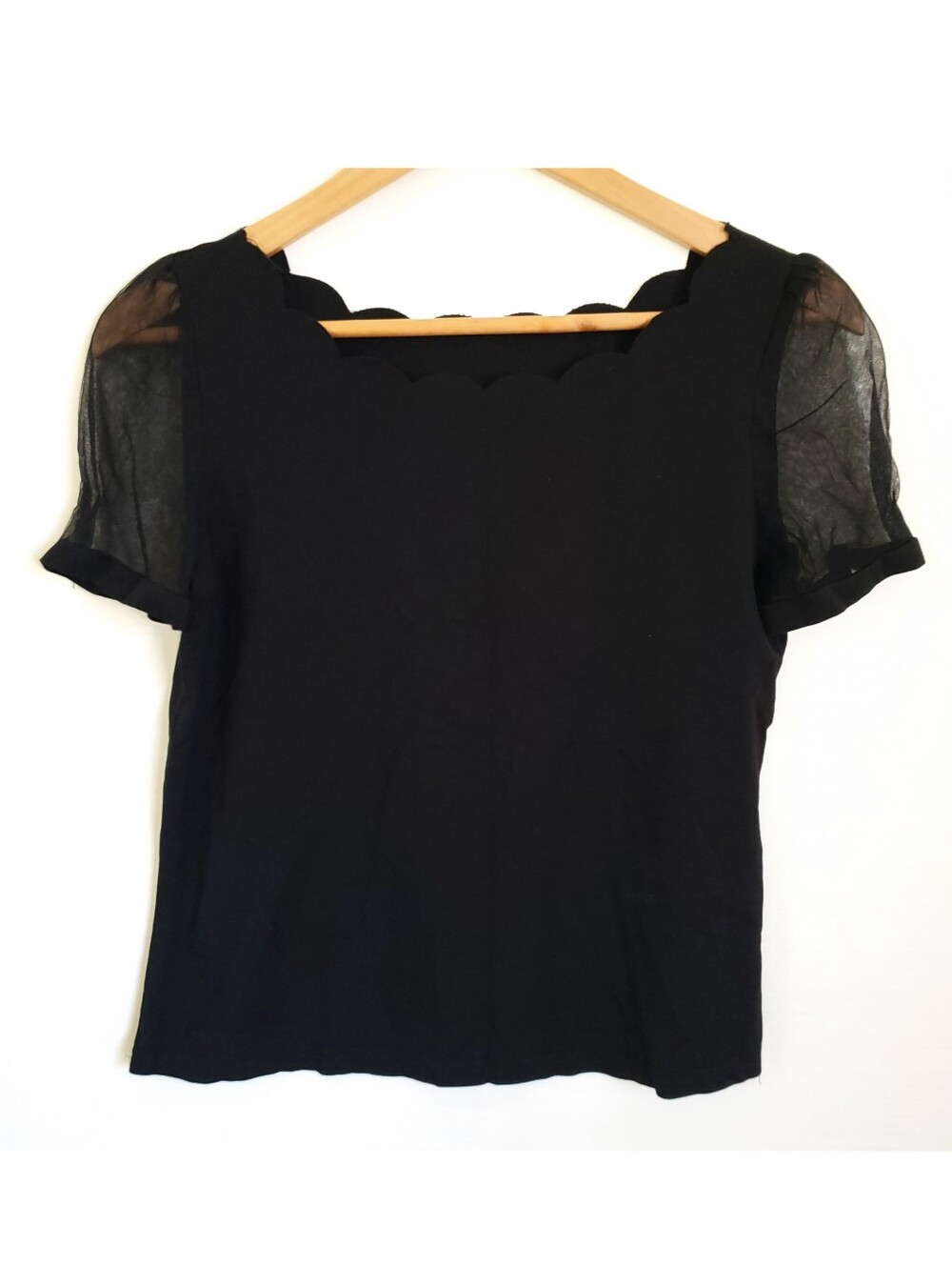 Women's Solid Black Cotton Short Sheer Sleeve Statement Neckline
